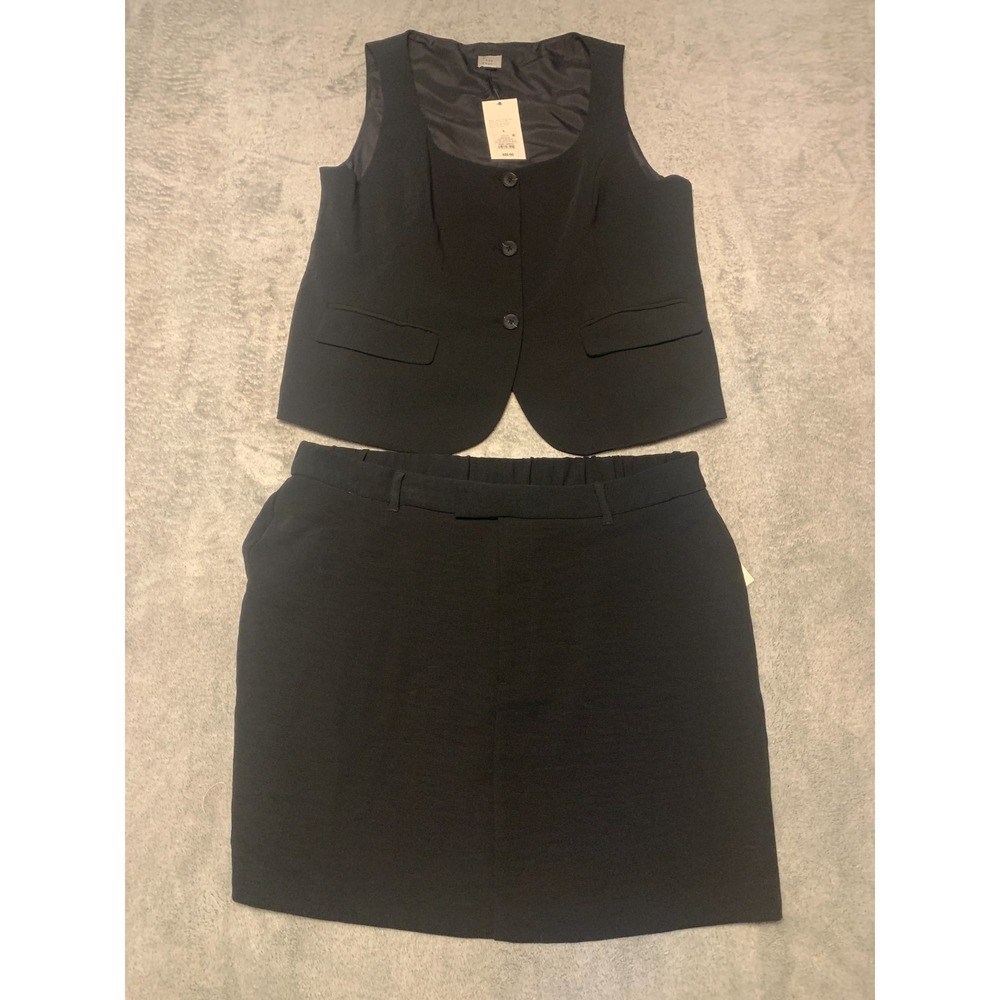 A New Day Womens L Black Vest Mini Skirt Set 2 Piece Scoop Neck Button Front NWT